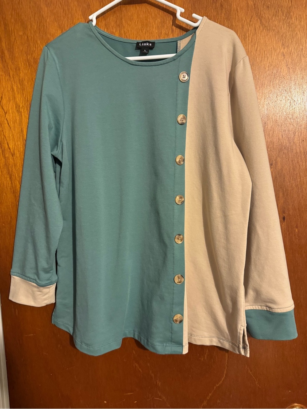Link Two-Tone Long Sleeve Top in Teal and Beige